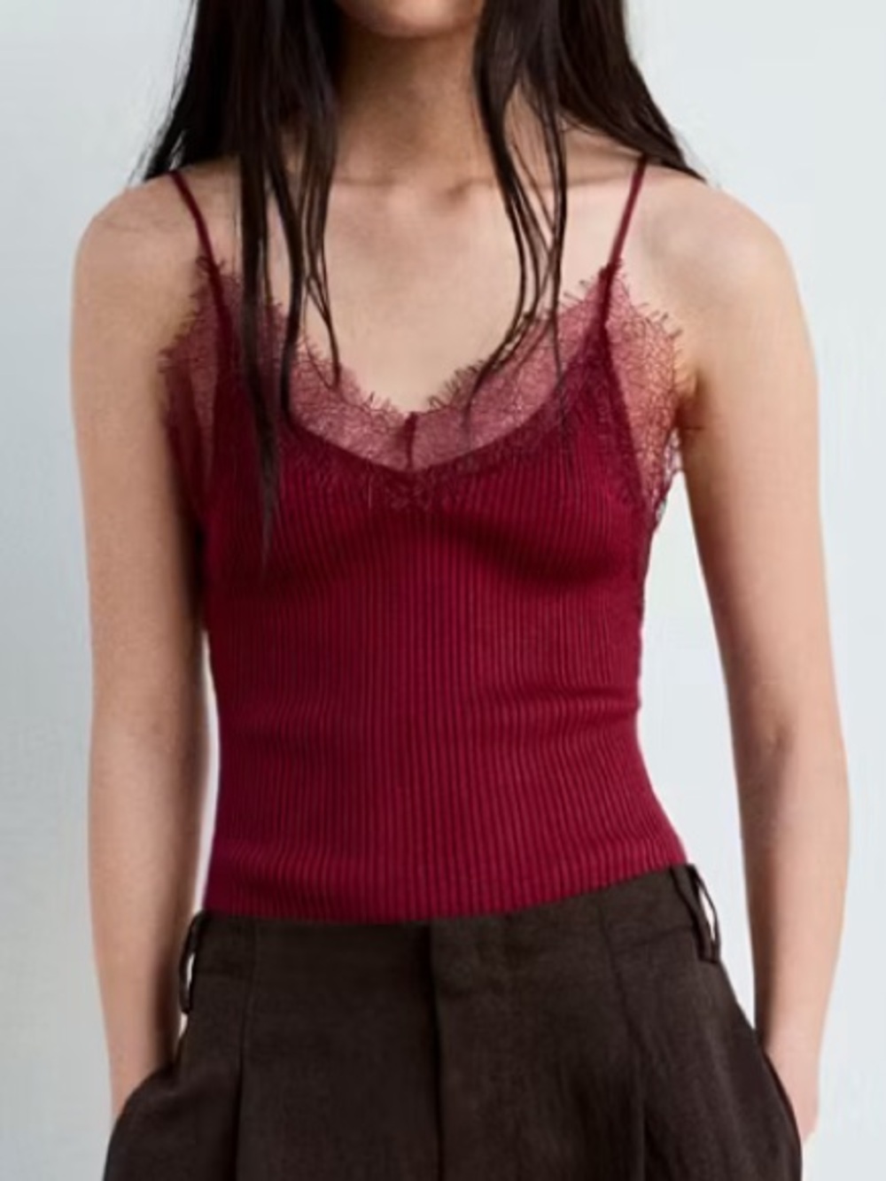 Mango Women's Lace-Trim Ribbed Cami Tank Top - Burgundy RIBBED LACE TOP 4073